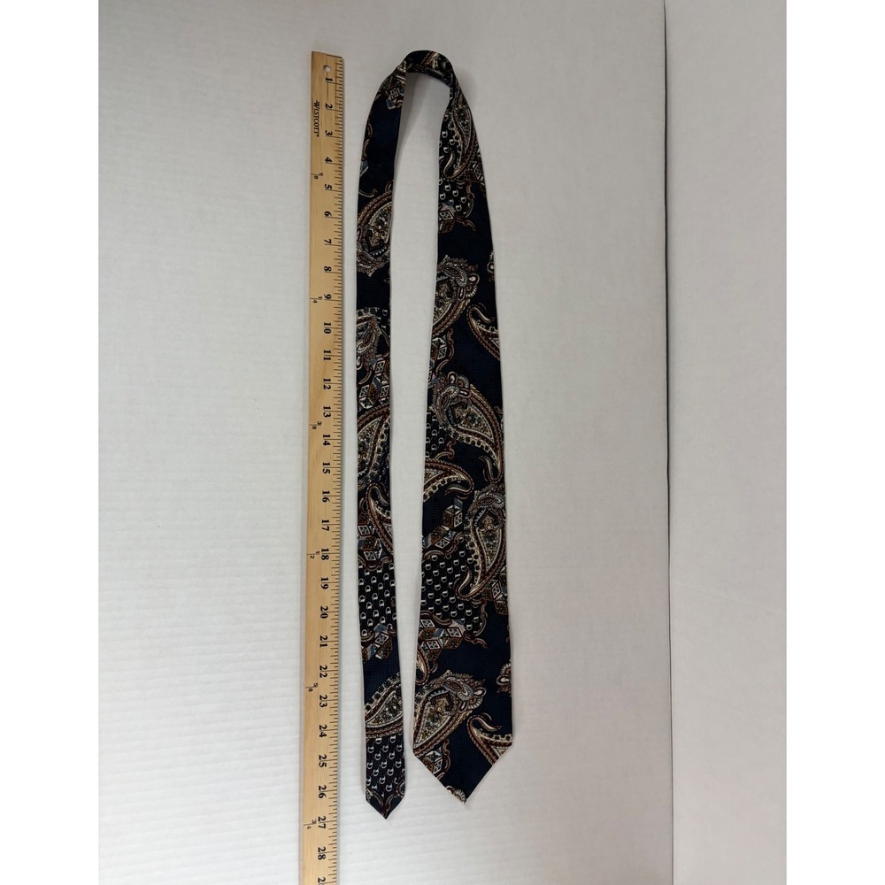 Izod Mens Silk Necktie Navy Blue Paisley Geometric Foulard Print Made in USA - Picture 4 of 9